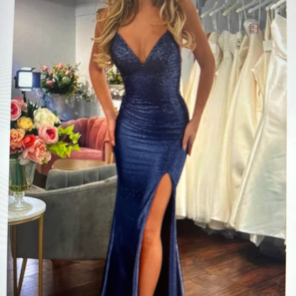 Mermaid V-Neck Satin Slit-Navy-Size 4-Brand New, Never Worn